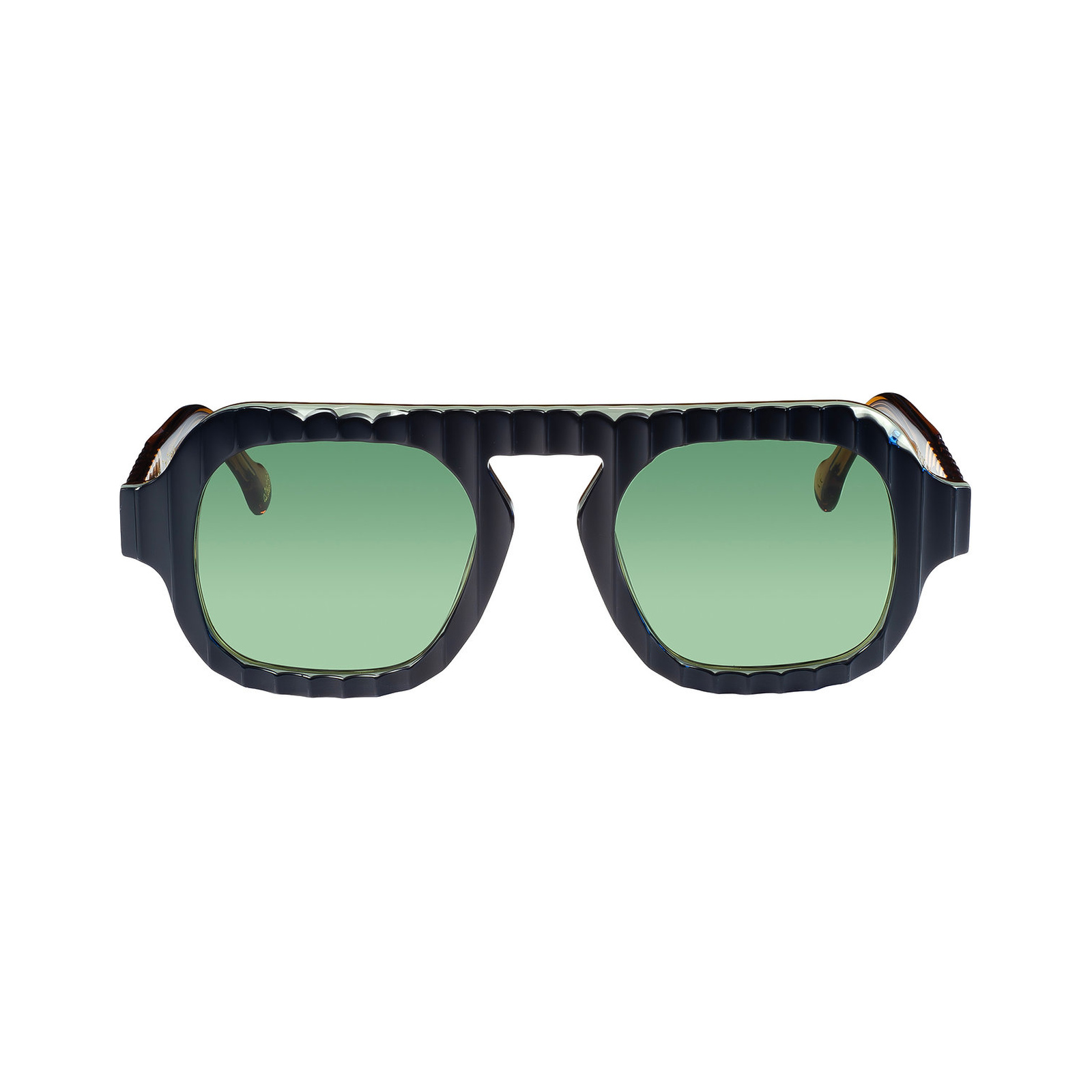 Óculos de sol Albert I’mStein OMGIH C5 em acetato escuro, com lentes verdes e armação geométrica de acabamento texturado.