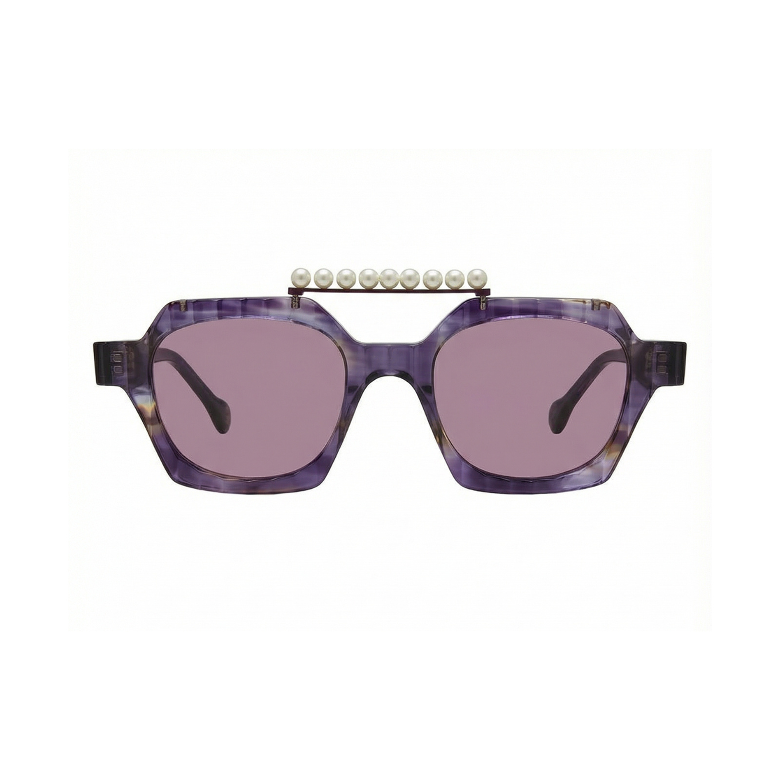 Óculos de sol Albert I’mStein SPRITZ C2 em acetato roxo translúcido, com lentes rosa e detalhe de pérolas na ponte.