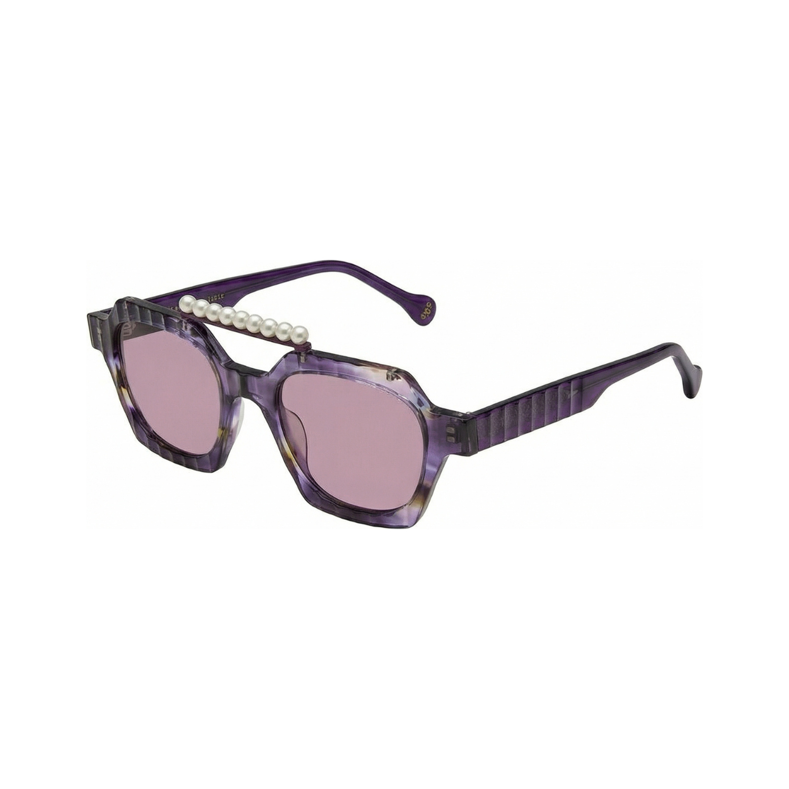 Óculos de sol Albert I’mStein SPRITZ C2 em acetato roxo translúcido, vistos em perspetiva lateral, com lentes rosa e detalhe de pérolas.