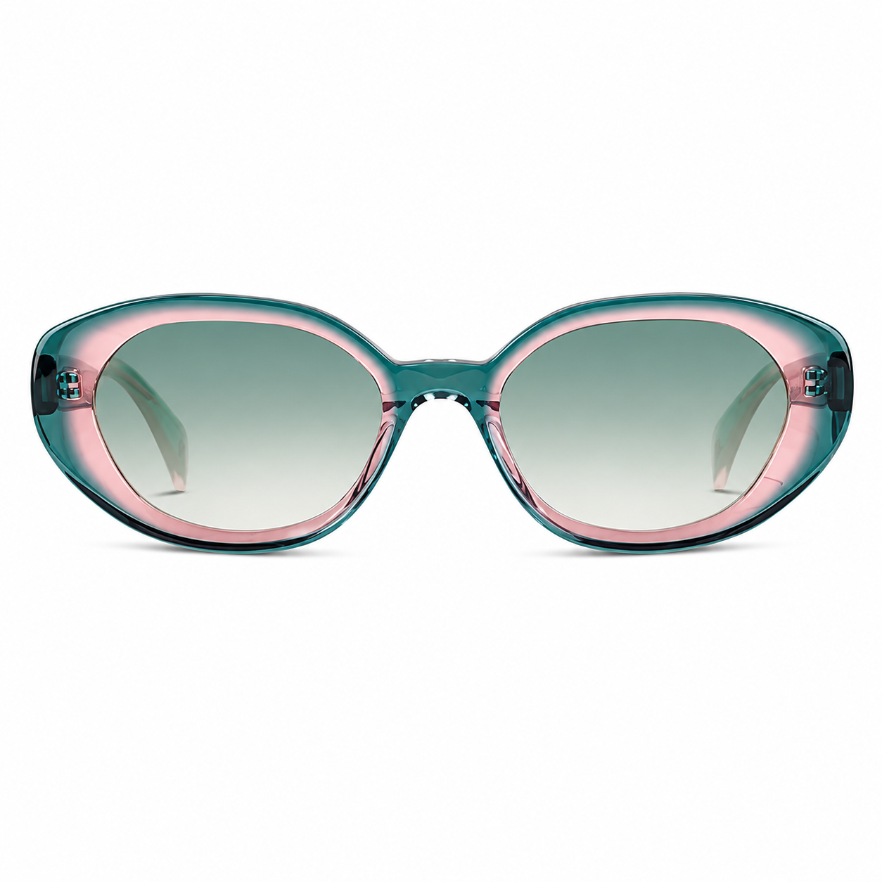 Ross & Brown Marseille IV em acetato rosa e verde translúcido, com lentes degradê verdes, em vista frontal.